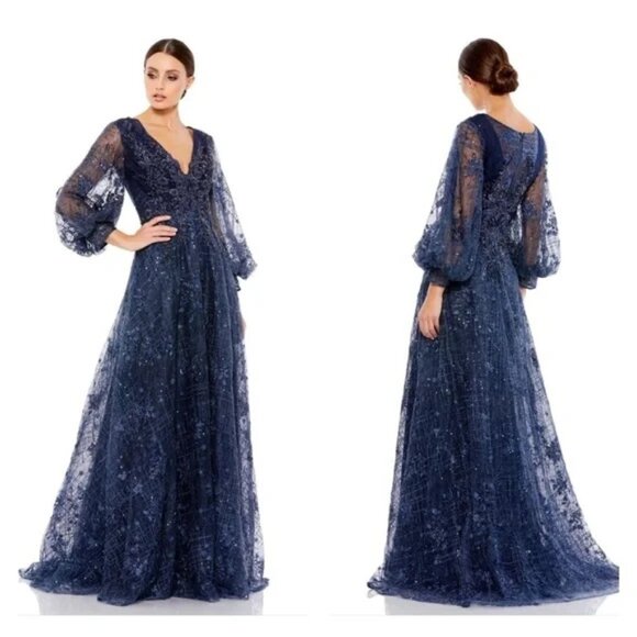 Mac Duggal Dresses & Skirts - NWT Mac Duggal 20283 Size Navy V Neck Puff Sleeve Embroidered A Line Gown  14